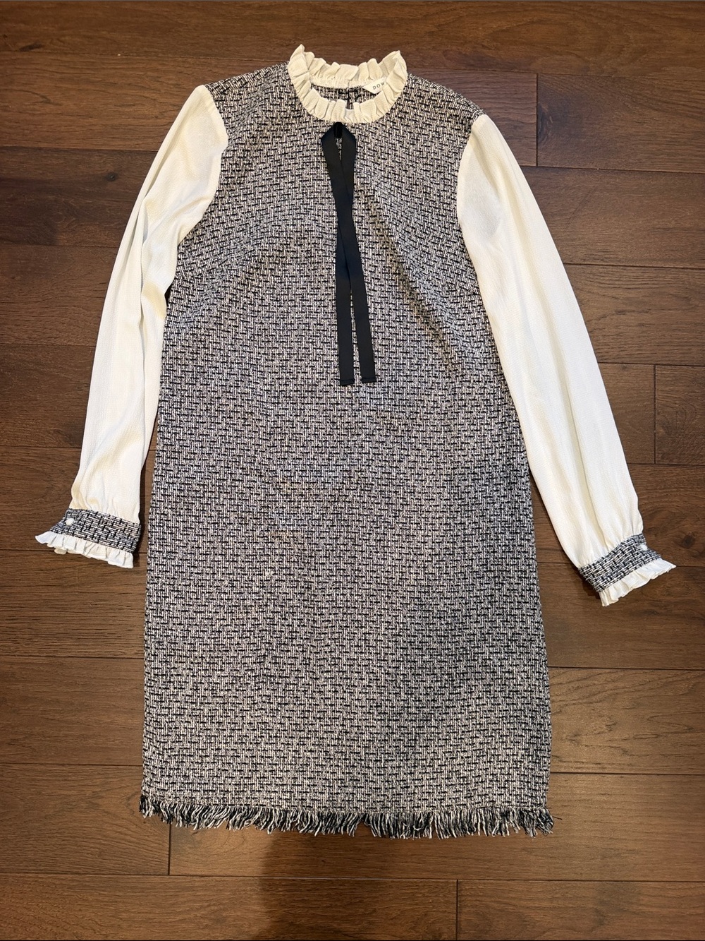 DownEast Black-and-White Tweed Shift Dress with Sheer Sleeves Size XS - C2-040